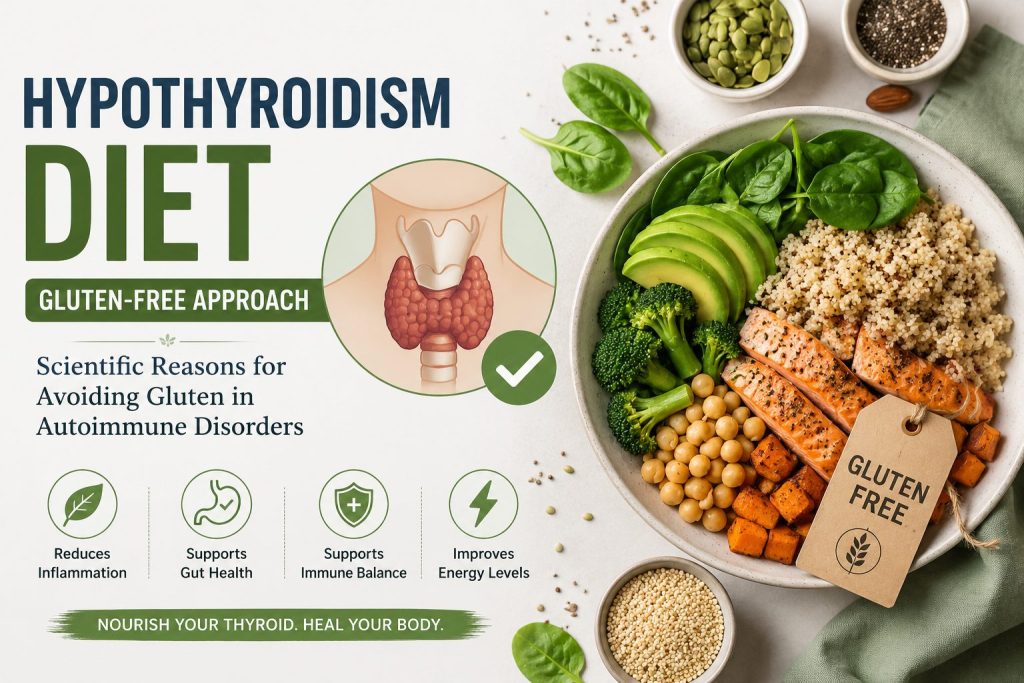 Hypothyroidism diet infographic showing a gluten-free meal with salmon, quinoa, avocado, broccoli, chickpeas, and spinach alongside a thyroid gland illustration, highlighting the benefits of a gluten-free approach for autoimmune thyroid disorders.