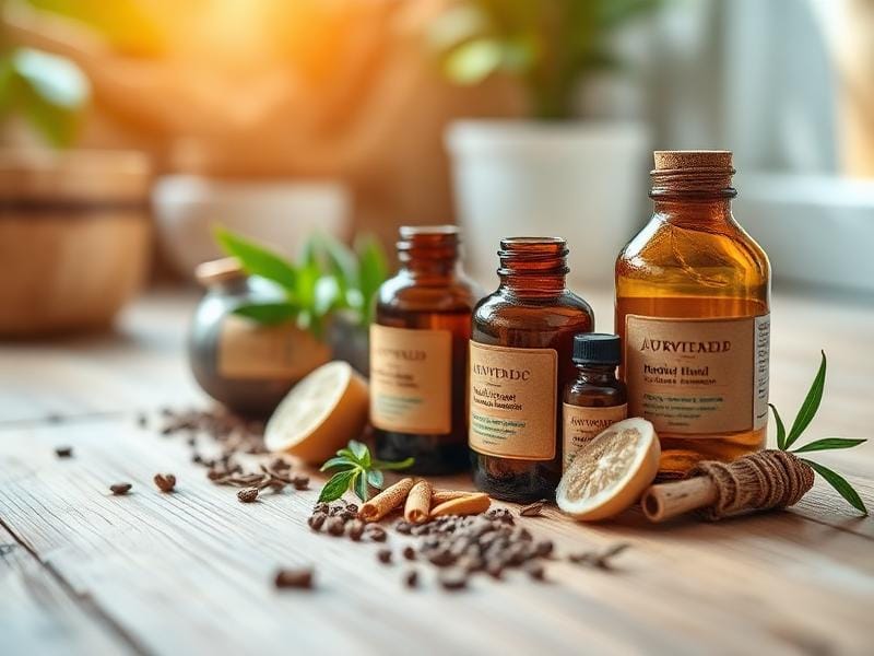Ayurvedic herbs and oils on wooden table