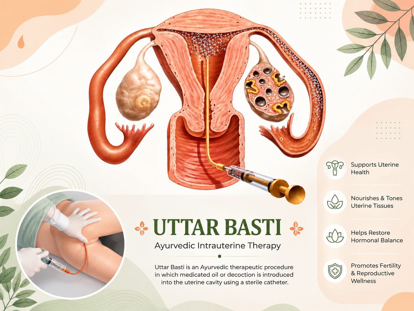 Ayurvedic herbs, oils, and ritual items used in Uttar Basti treatment for women's reproductive health