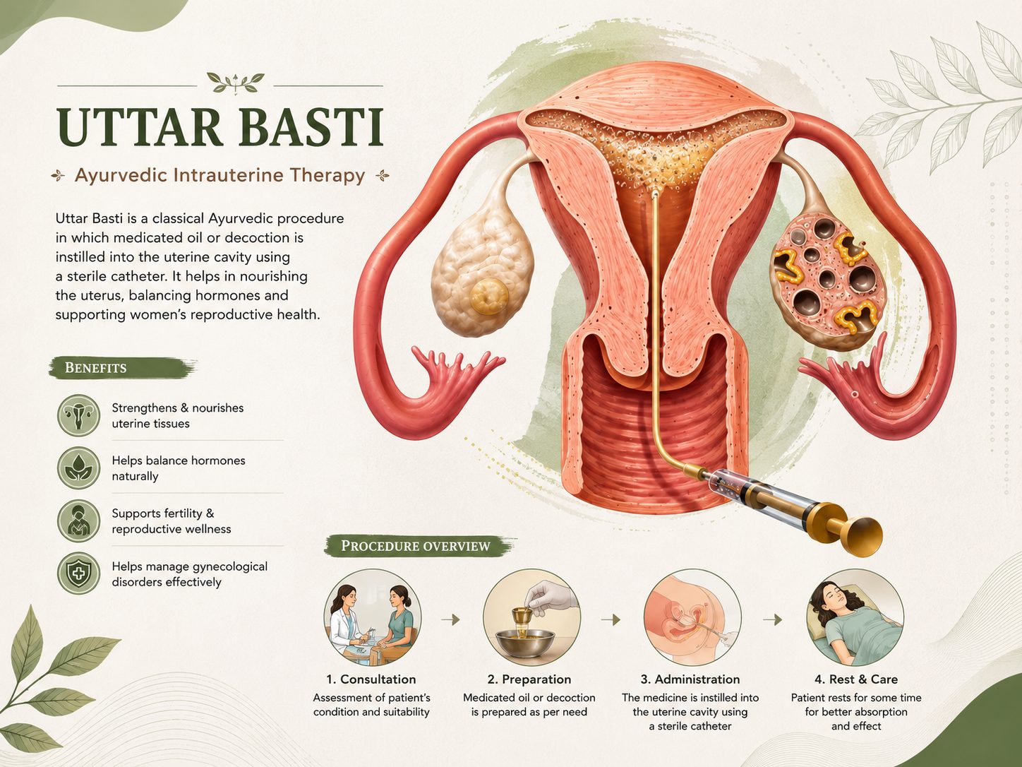 Ayurvedic medicated oils and herbal preparations carefully arranged for Uttar Basti treatment