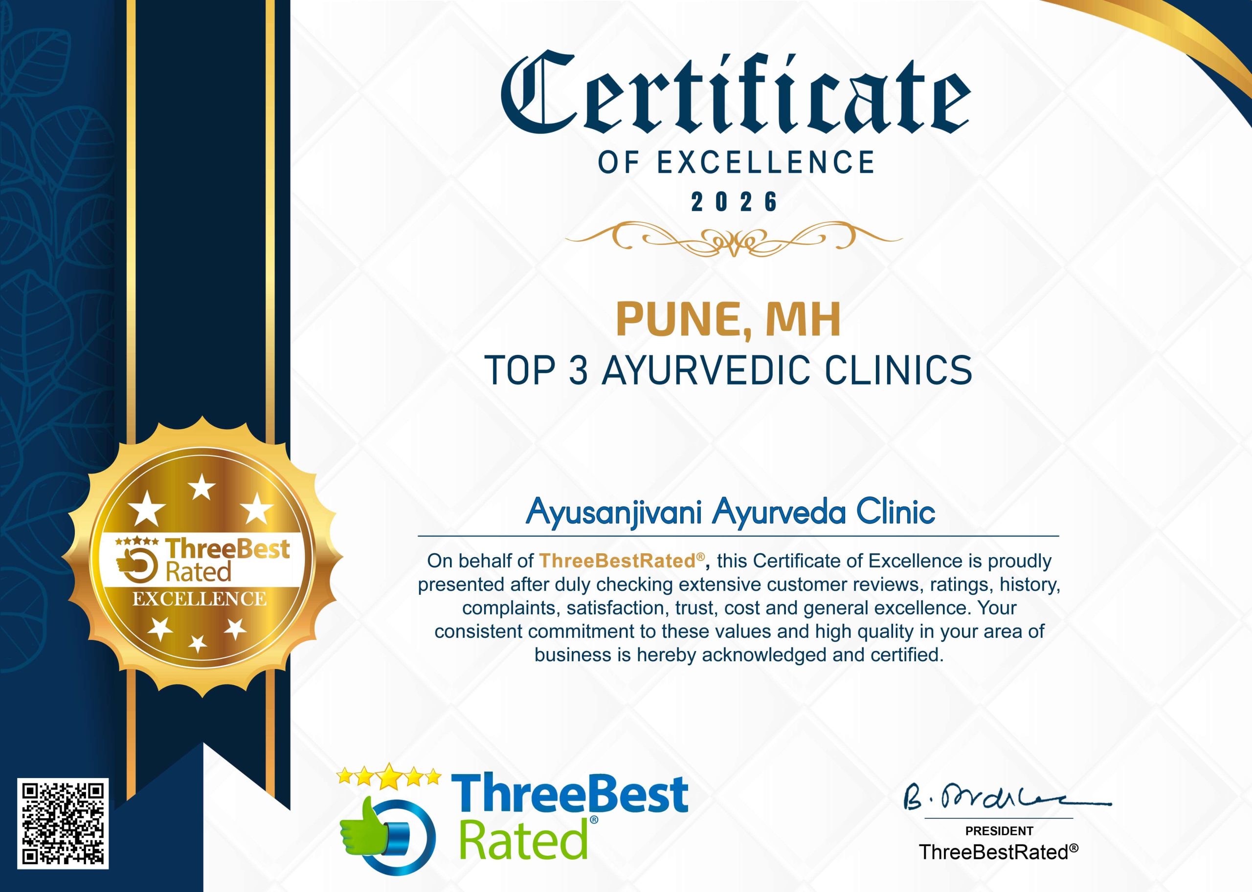 ThreeBestRated 2026 official certificate awarded to Ayusanjivani Ayurveda Clinic, Pune, recognizing it among the top 3 Ayurvedic clinics in the city