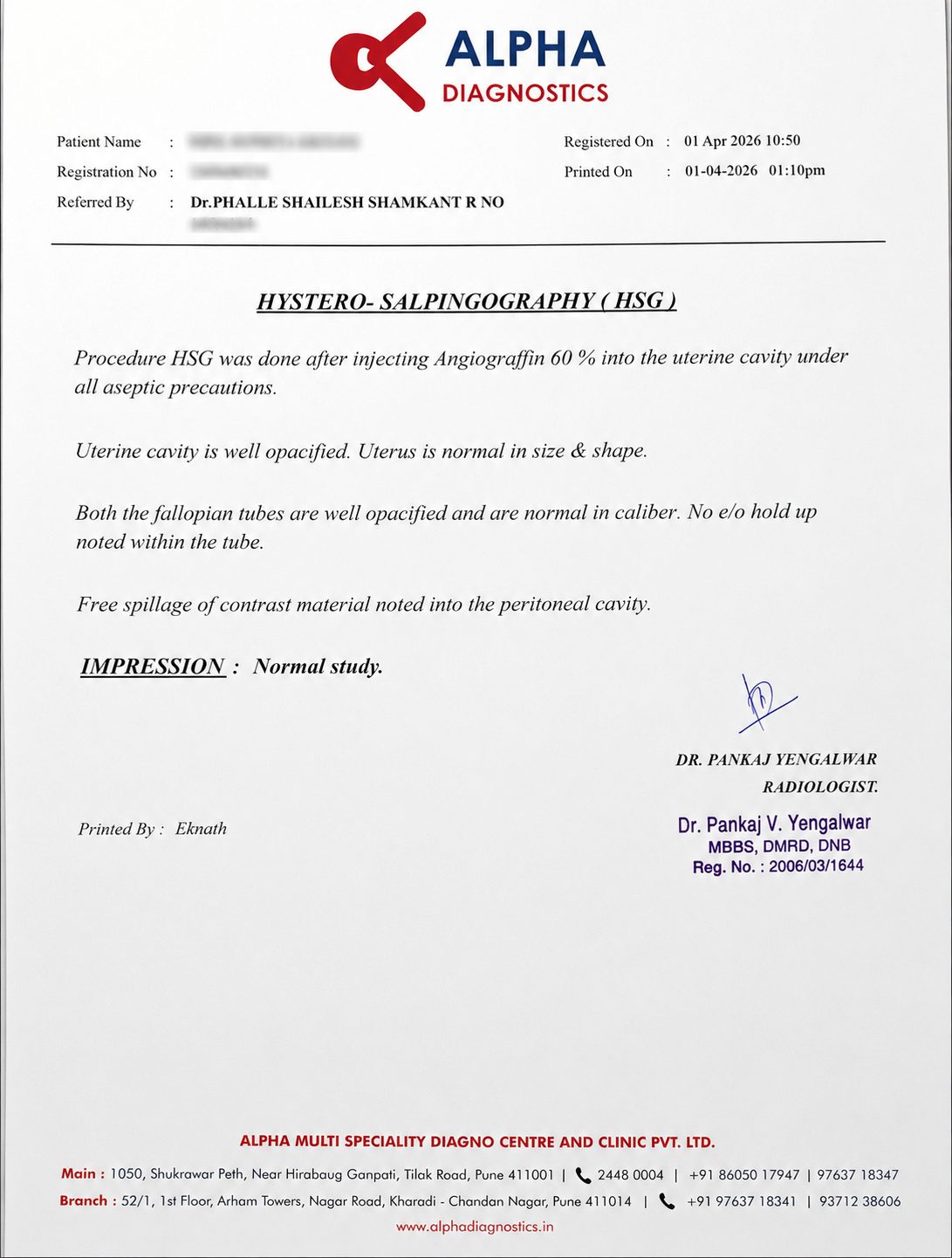 HSG report after treatment showing normal study
