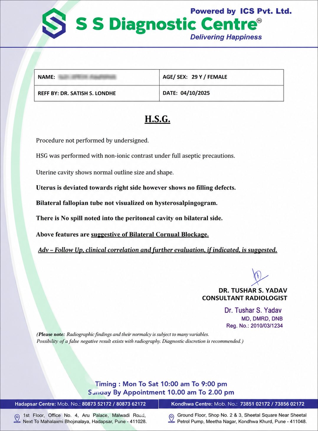 HSG report before treatment showing bilateral cornual tubal blockage