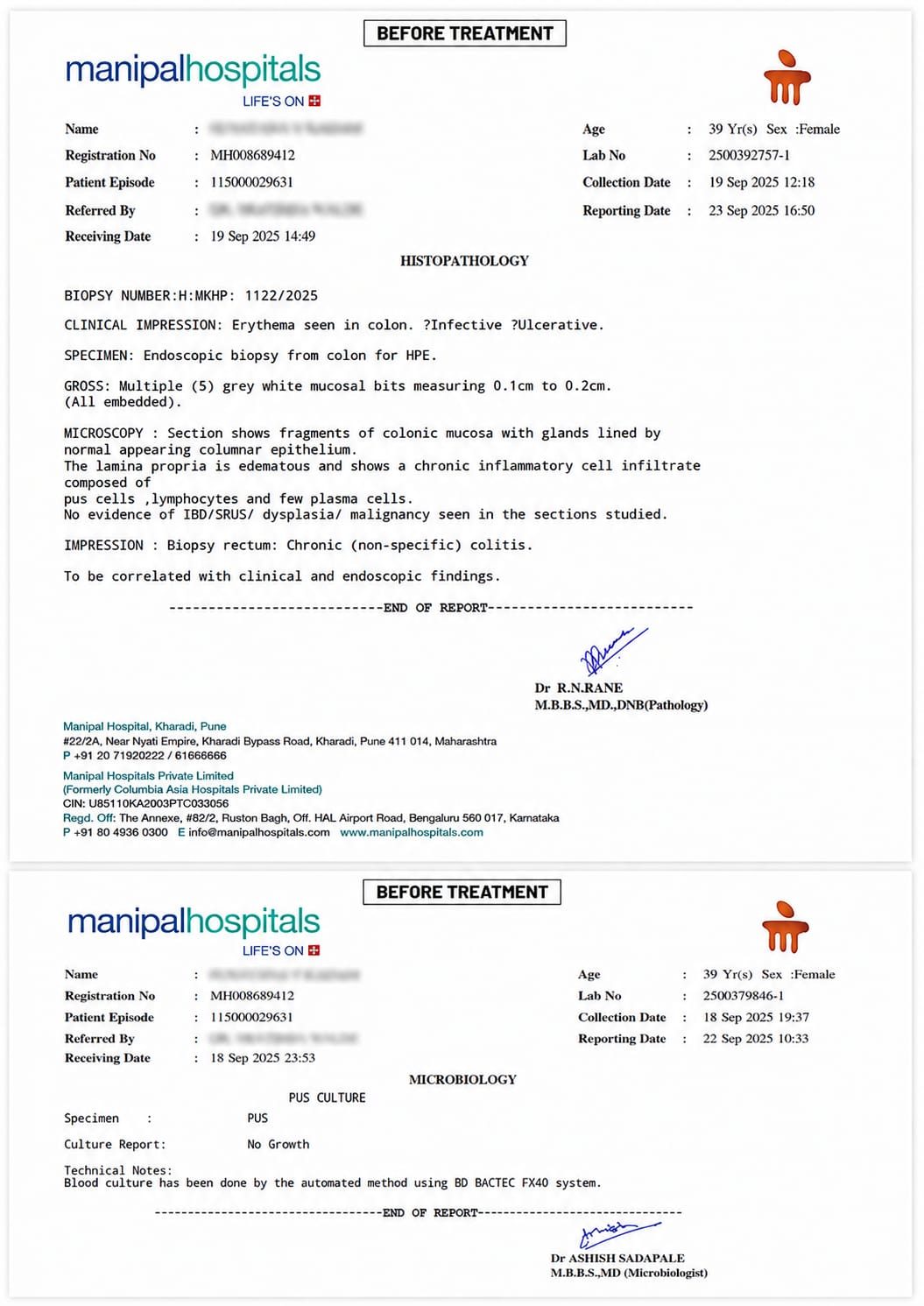 Histopathology and microbiology report, before treatment