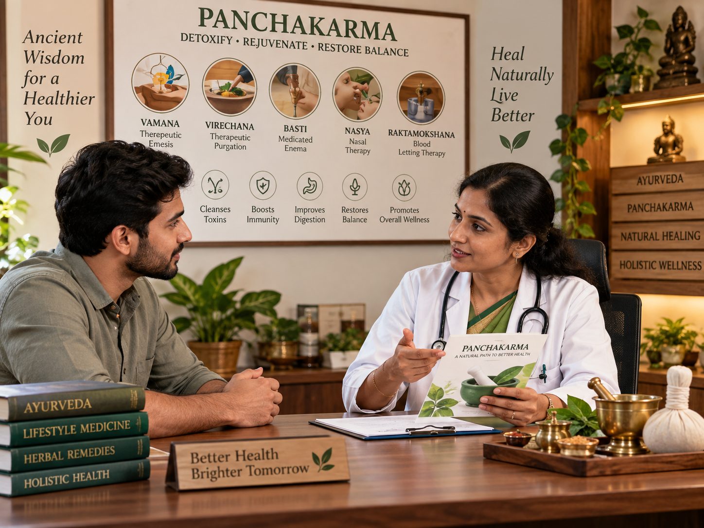 Patient discussing a Panchakarma treatment plan and questions with an Ayurvedic doctor in Pune