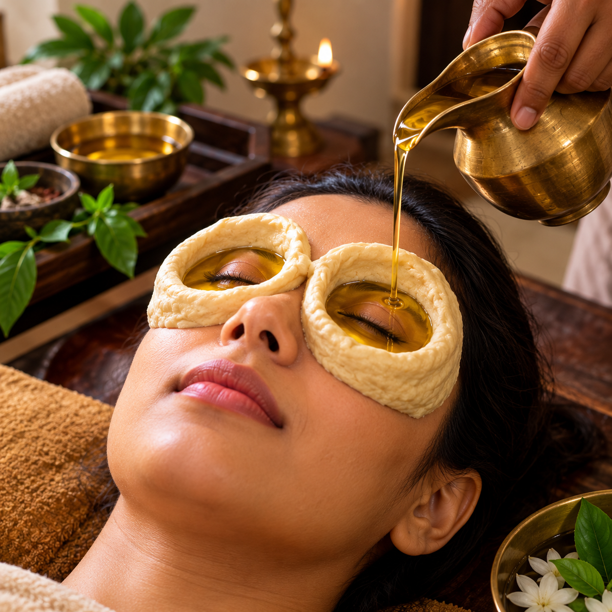 Netra Tarpan Ayurvedic eye therapy showing medicated ghee retained over the eyes in a dough ring