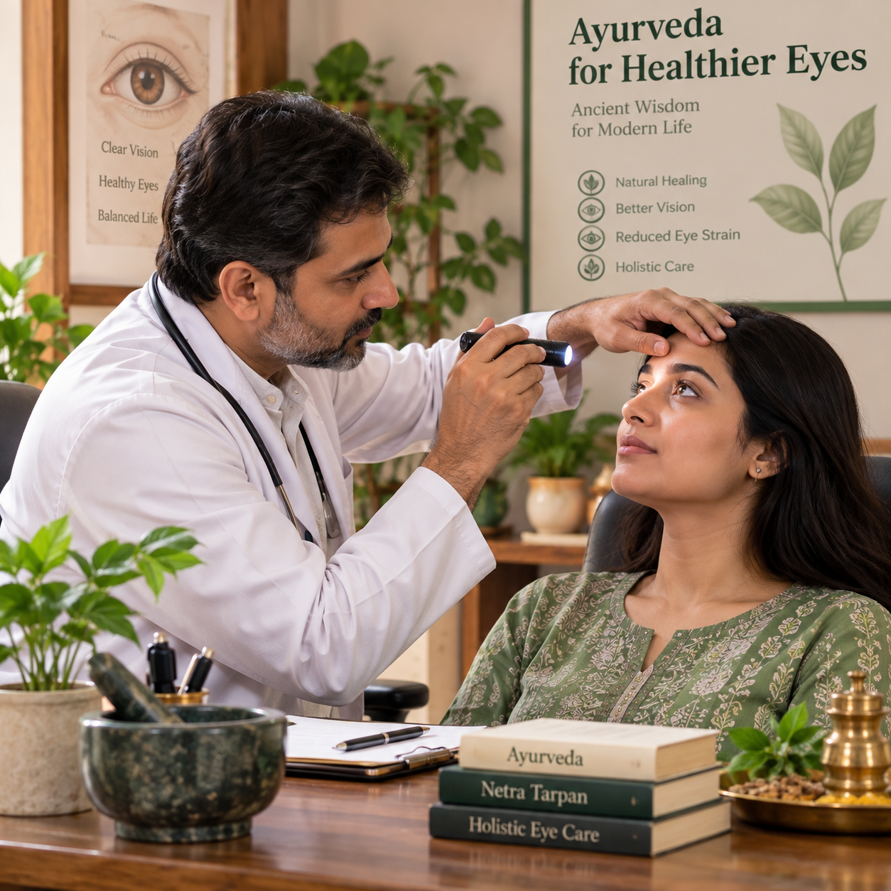 Ayurvedic doctor examining a patient's eyes before recommending Netra Tarpan in Pune