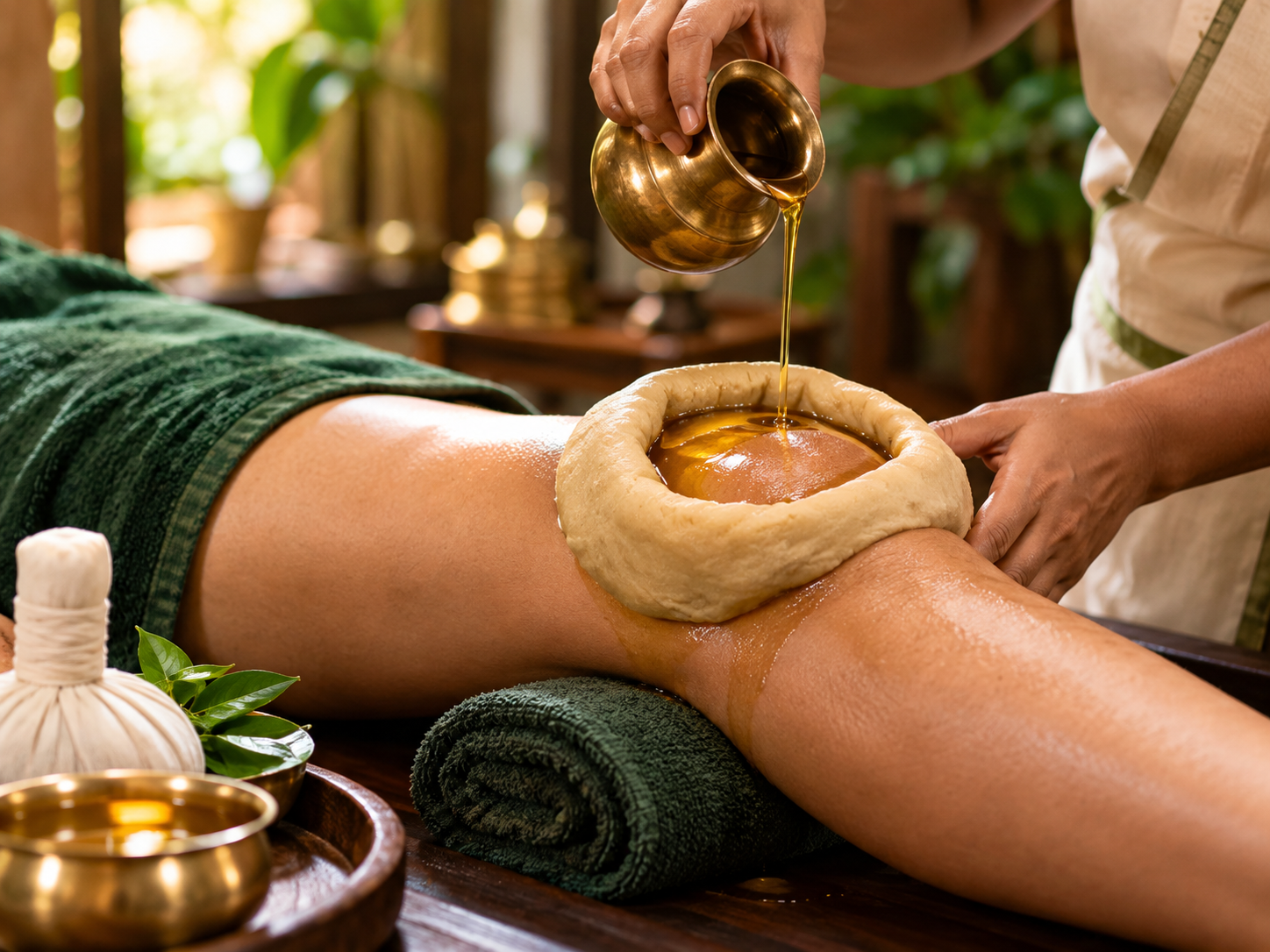 Janu Basti oil-pooling therapy being administered on the knee joint for osteoarthritis
