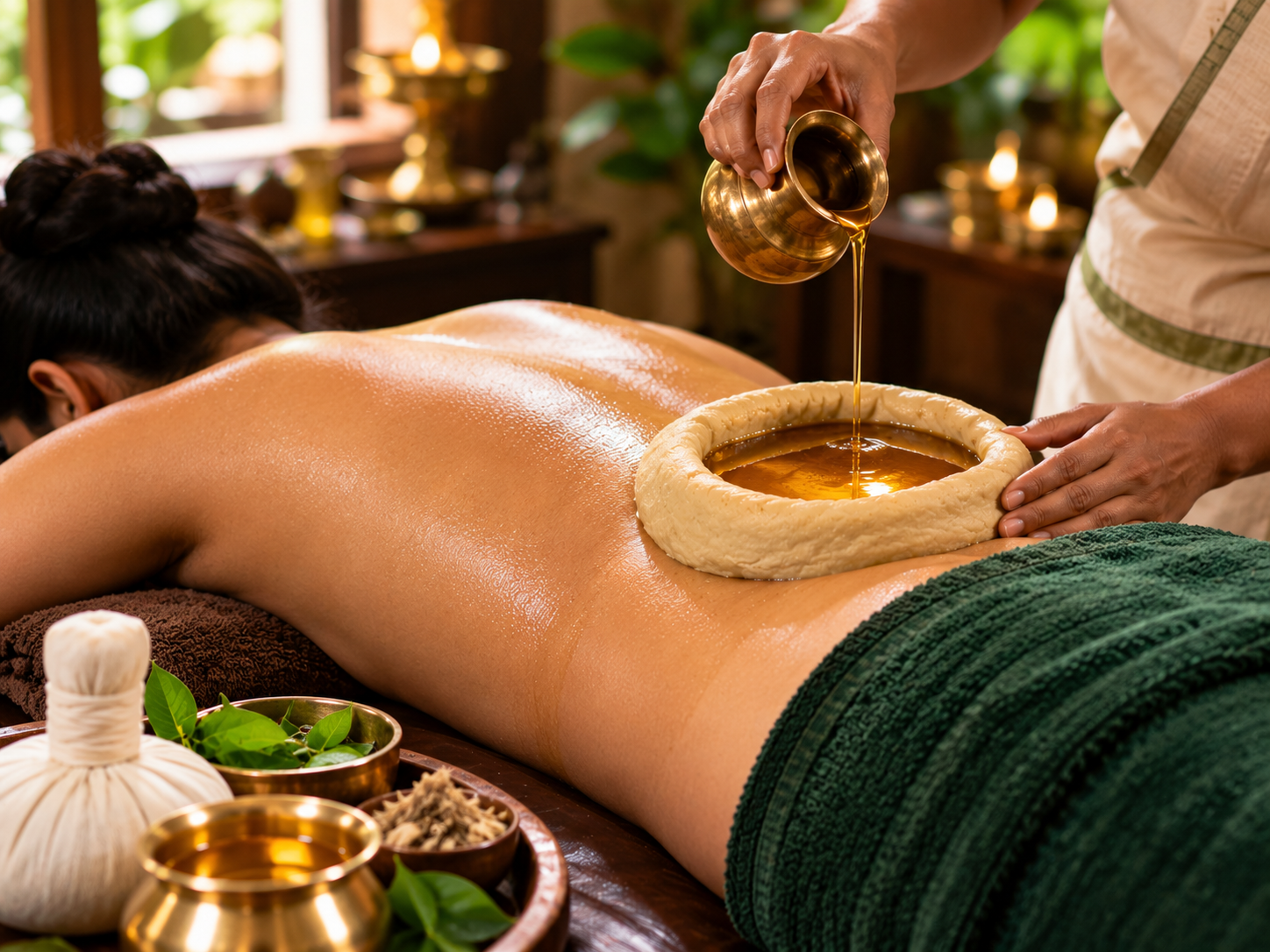 Kati Basti warm oil retention therapy on the lower back for lumbar spondylosis and sciatica