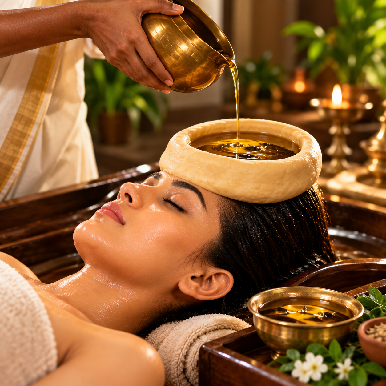 Shirobasti therapy showing medicated oil retained over the scalp using a cap-like reservoir