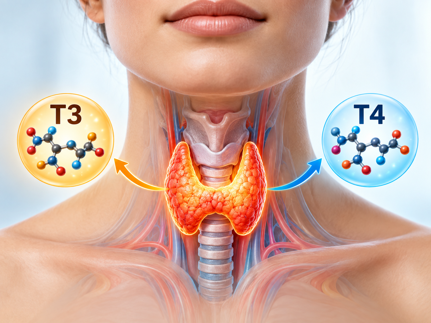 Illustration of the thyroid gland at the base of the neck and the hormones T3 and T4 it produces