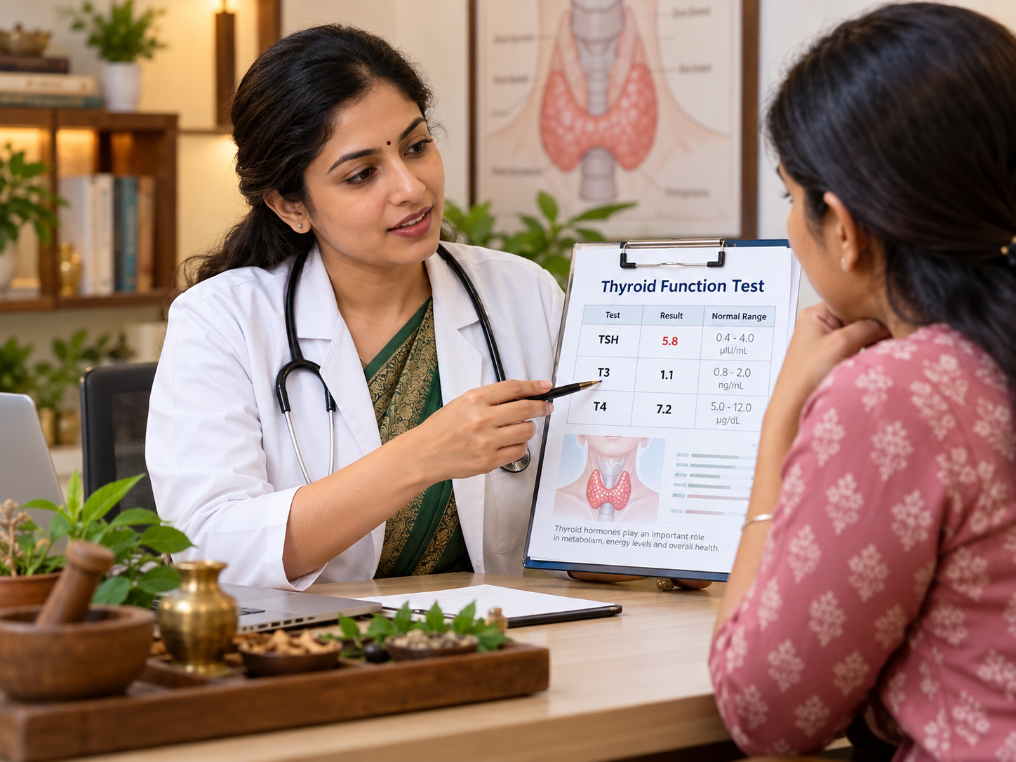Doctor reviewing a thyroid function test report with TSH T3 and T4 values during an Ayurvedic consultation in Pune