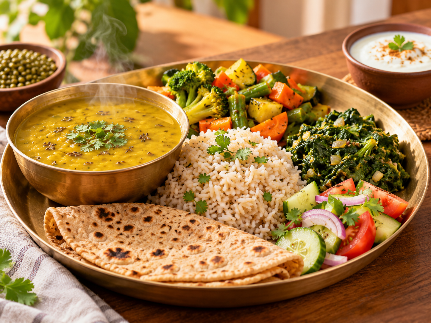 Warm freshly cooked Indian vegetarian meal with moong dal and vegetables recommended in an Ayurvedic thyroid diet