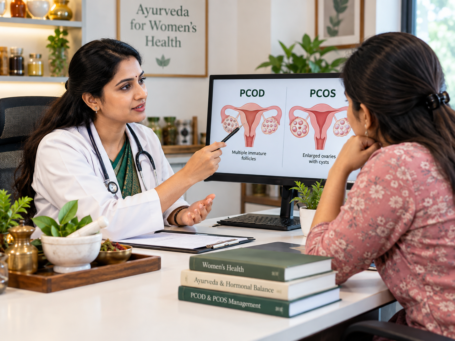 Ayurvedic doctor discussing PCOD and PCOS diagnosis with a woman patient in Pune clinic