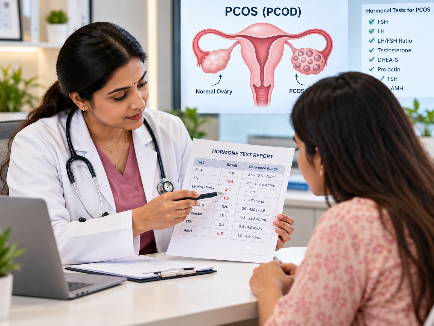 Doctor reviewing hormone test reports as part of PCOD PCOS diagnosis in Pune