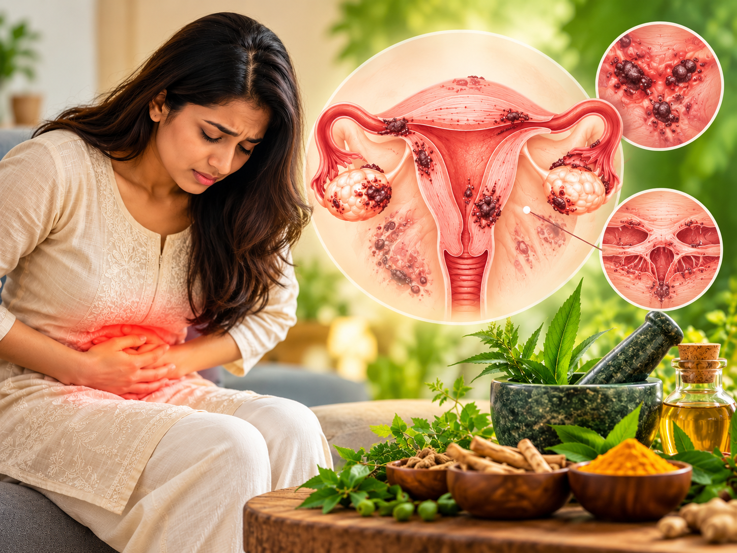 Medical illustration showing endometrial tissue growth outside the uterus in endometriosis
