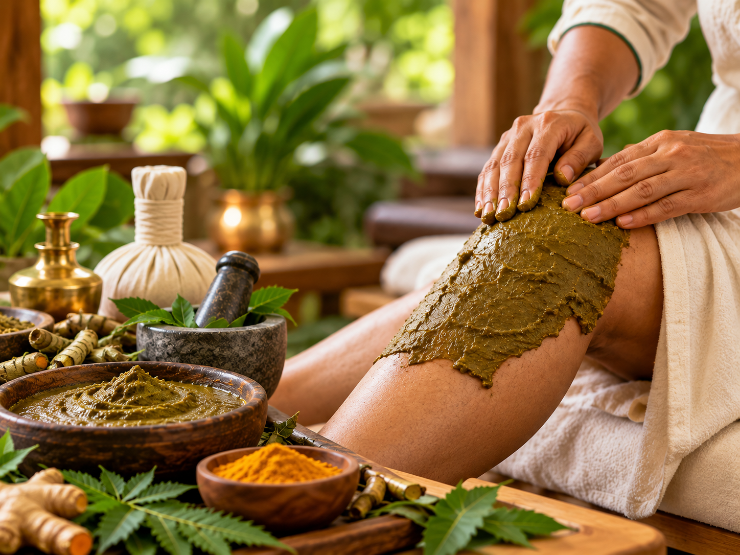 Ayurvedic therapist applying fresh herbal Lepa paste on a patient's knee joint at a Pune clinic