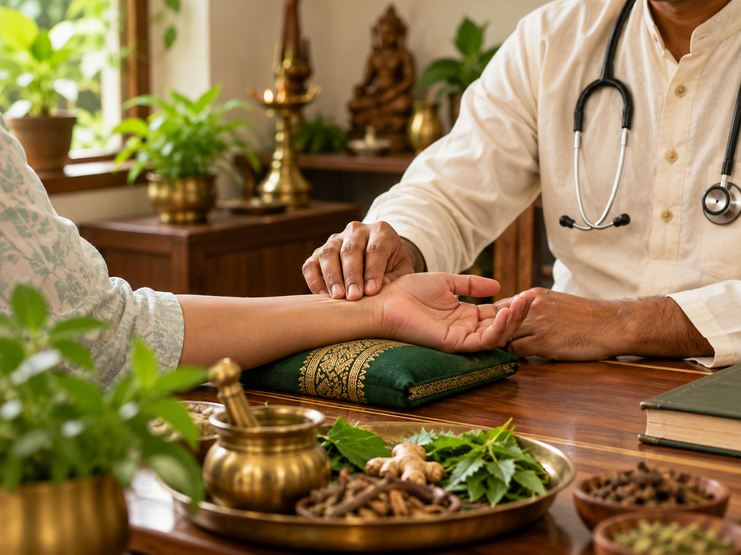 Ayurvedic doctor performing Nadi Pariksha pulse diagnosis on a patient's wrist in a Pune clinic
