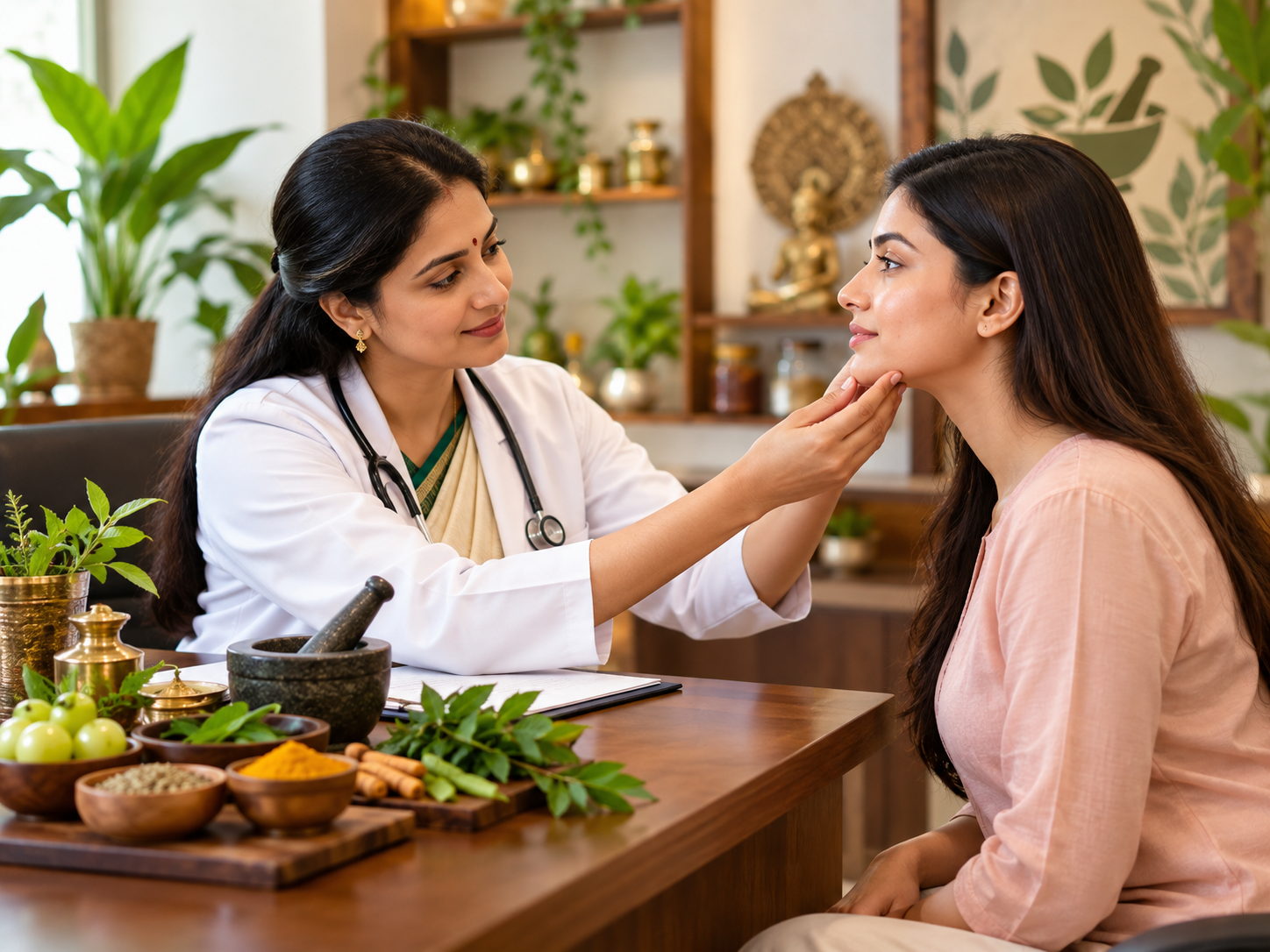 Ayurvedic doctor examining a patient's skin during a consultation at a Pune clinic