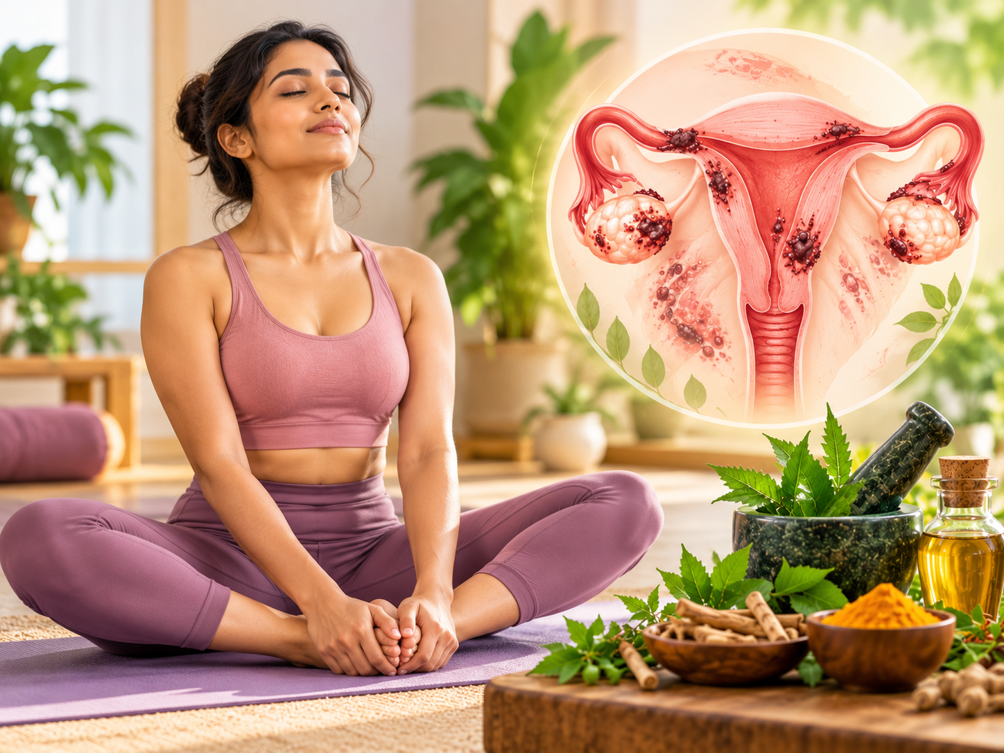 Woman practicing gentle restorative yoga pose for pelvic health and endometriosis symptom relief