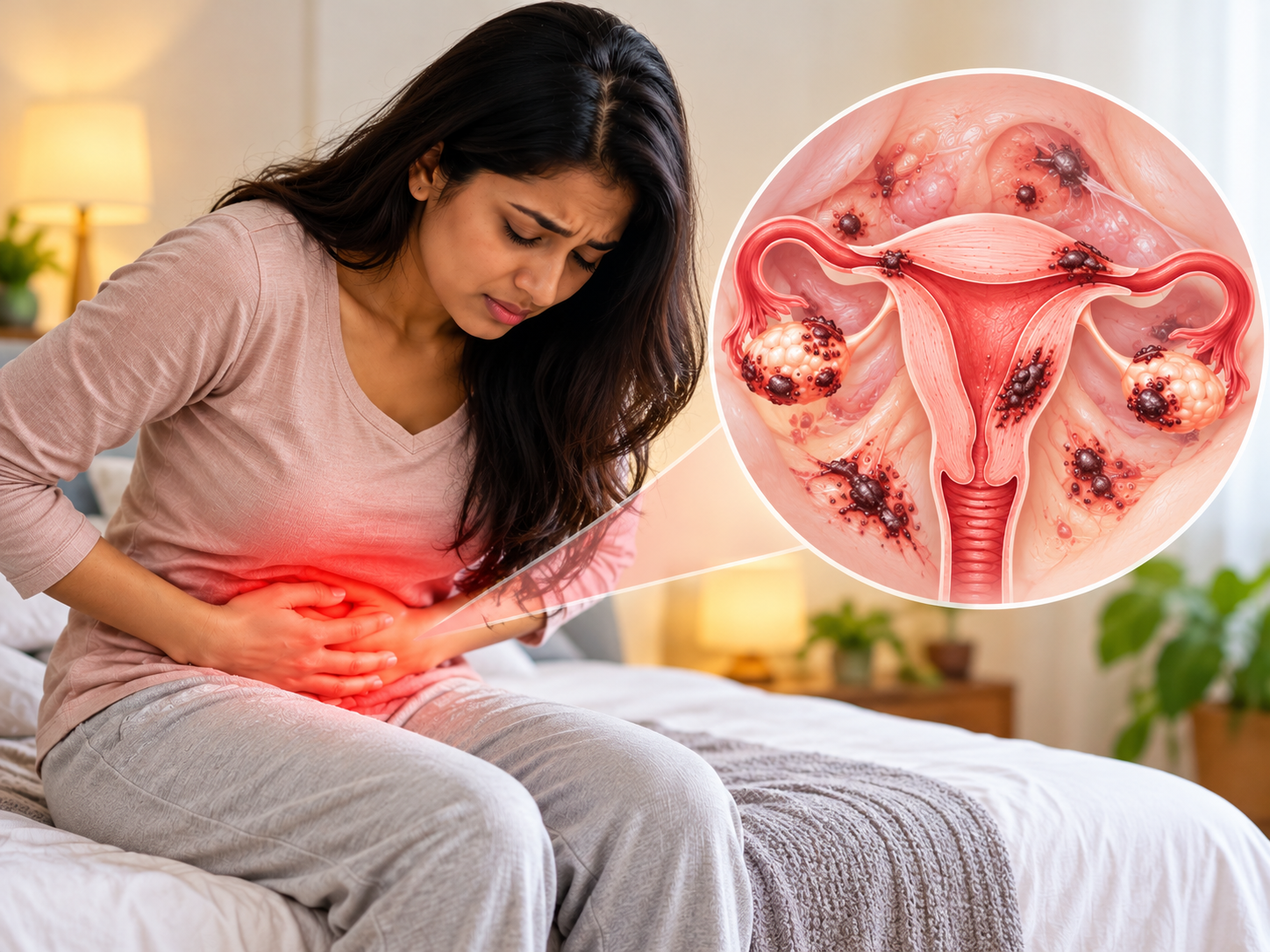 Woman experiencing chronic pelvic pain, a common symptom of endometriosis