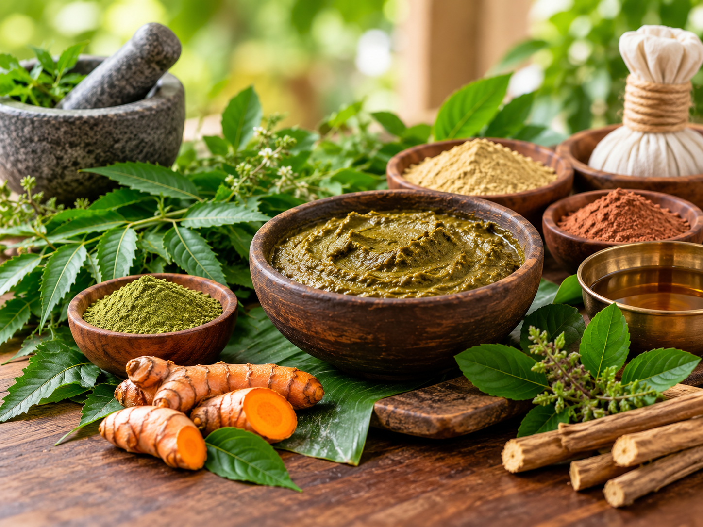 Fresh turmeric, neem, sandalwood and manjistha herbs used in Ayurvedic Lepa paste preparation